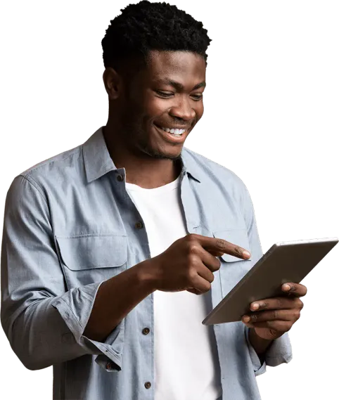 Happy black man pointing at digital tablet screen
