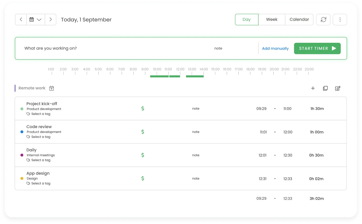 TimeCamp dashboard with activity breakdown