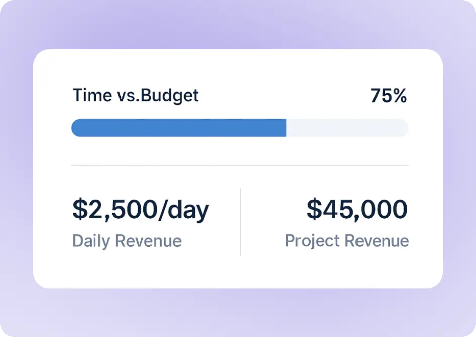 Time vs budget progress with daily and project revenue
