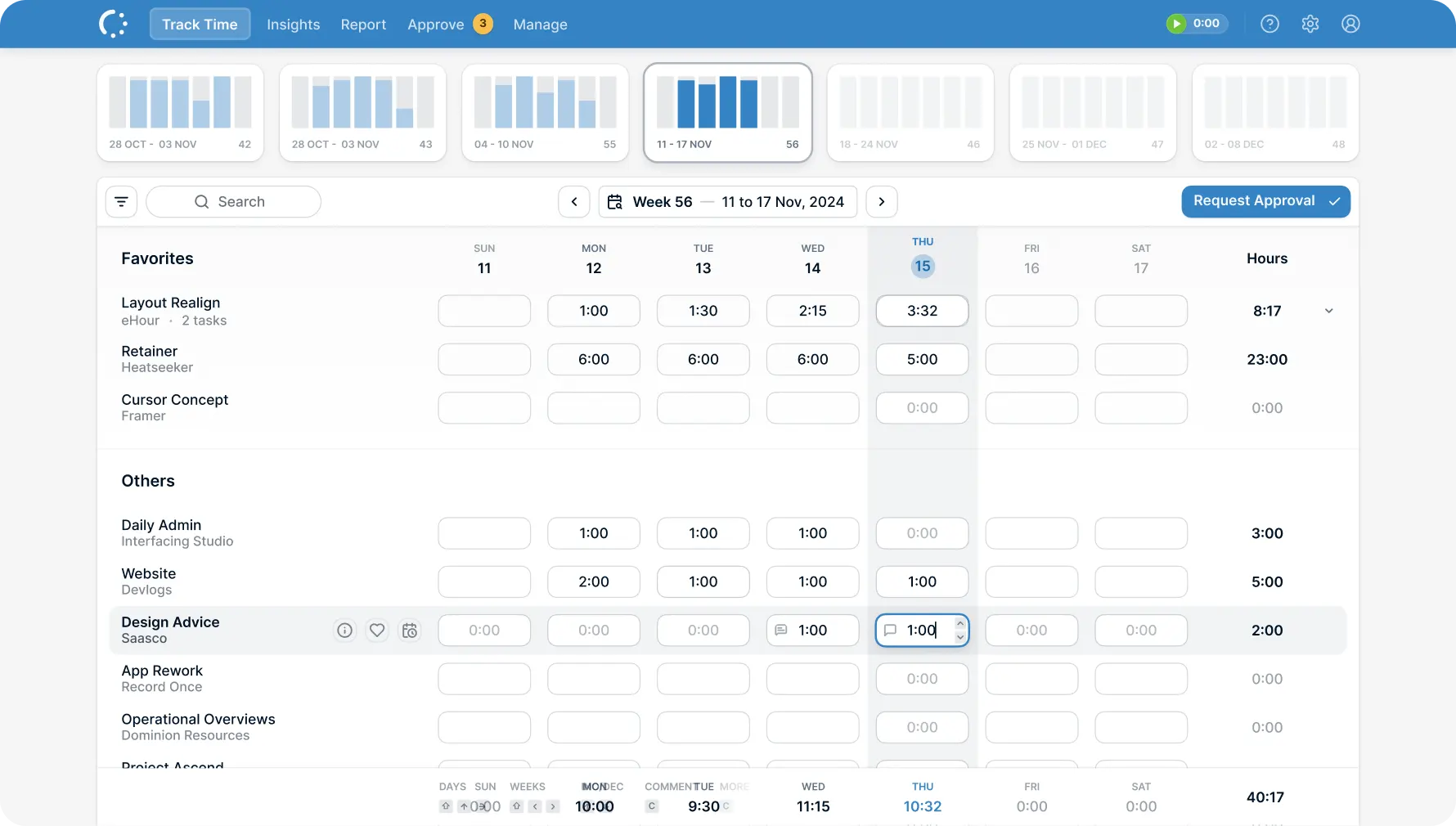 eHour weekly timesheet interface